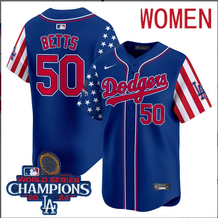 Women MLB Los Angeles Dodgers 50 Betts American Style blue 2024 World Series Champions Limited Jersey